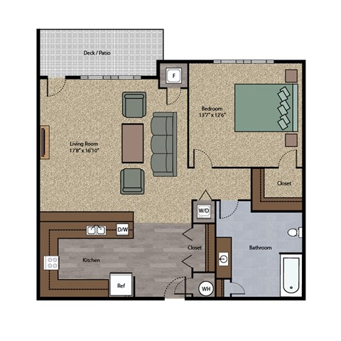 Floor plan for 1 bed, 1 bath, 918 sqft